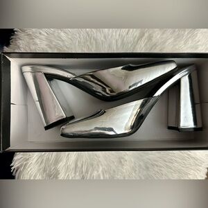 Nine West Silver - YOGI3 - Silver Block slide in heels.